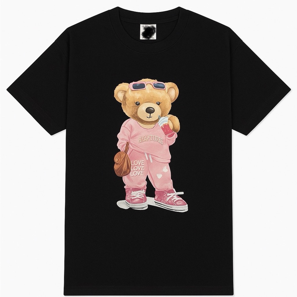Black T-Shirt with Teddy Bear Graphic